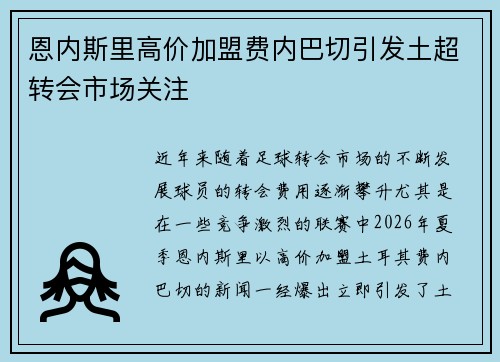恩内斯里高价加盟费内巴切引发土超转会市场关注
